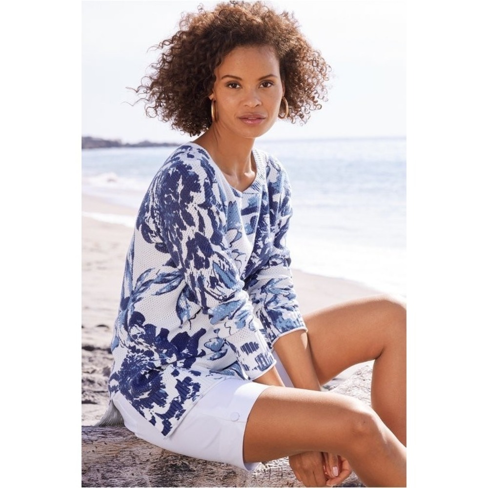 Soft Surroundings Marin Sweater Womens L Blue Floral Waffle Knit Tunic Pullover - Picture 3 of 12